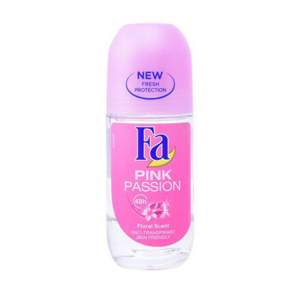 Deodorante roll-on rosa. Scritta: Fa Pink Passion, profumo floreale, anti-traspirante, delicato sulla pelle. Con "New Fresh Protection".