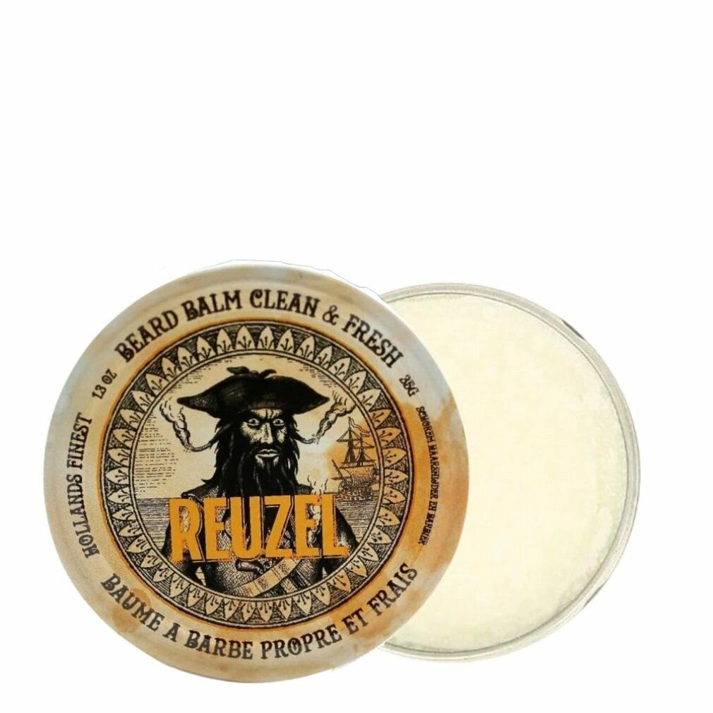 Barattolo rotondo aperto. Scritta: Beard Balm, Reuzel, Baume a Barbe Propre et Frais. Prodotto visibile.