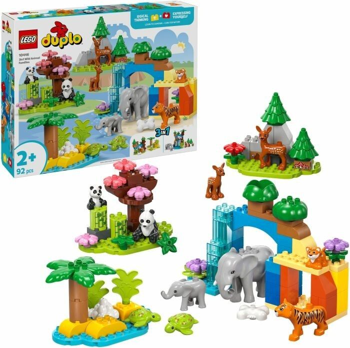 LEGO DUPLO 10446. Famiglie di animali selvatici 3 in 1. Set con elefanti, tigri, panda e altro. Confezione con immagini del prodotto. 92 pezzi.