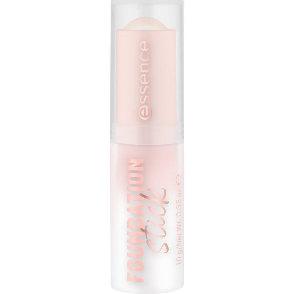Stick fondotinta Essence. Confezione rosa e bianca. Scritta: Foundation Stick, Essence. Coperchio trasparente.