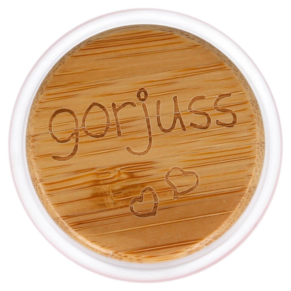 Tappo in legno con incisione: gorjuss e cuori. Bordo bianco.