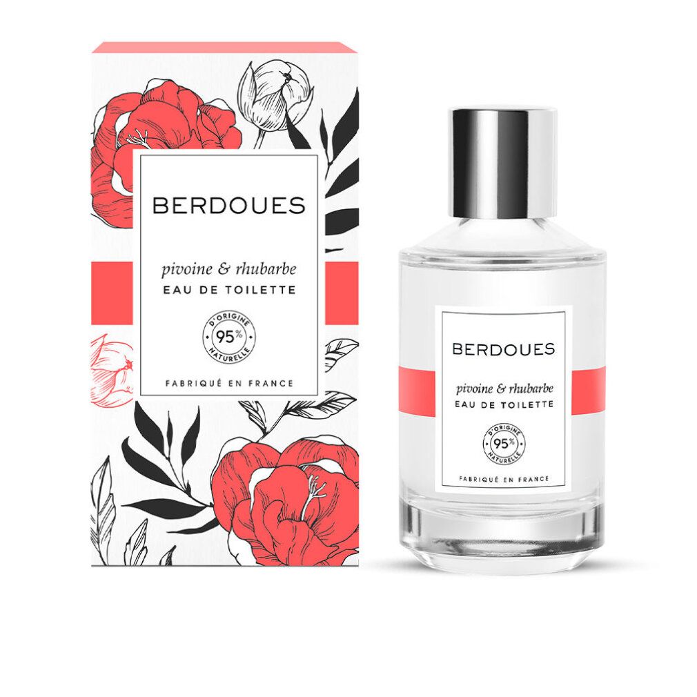 Flacone e scatola. Scritta: BERDOUES, pivoine & rhubarbe, Eau de Toilette. 95% naturelle. Fabbricato in Francia. Motivo floreale.