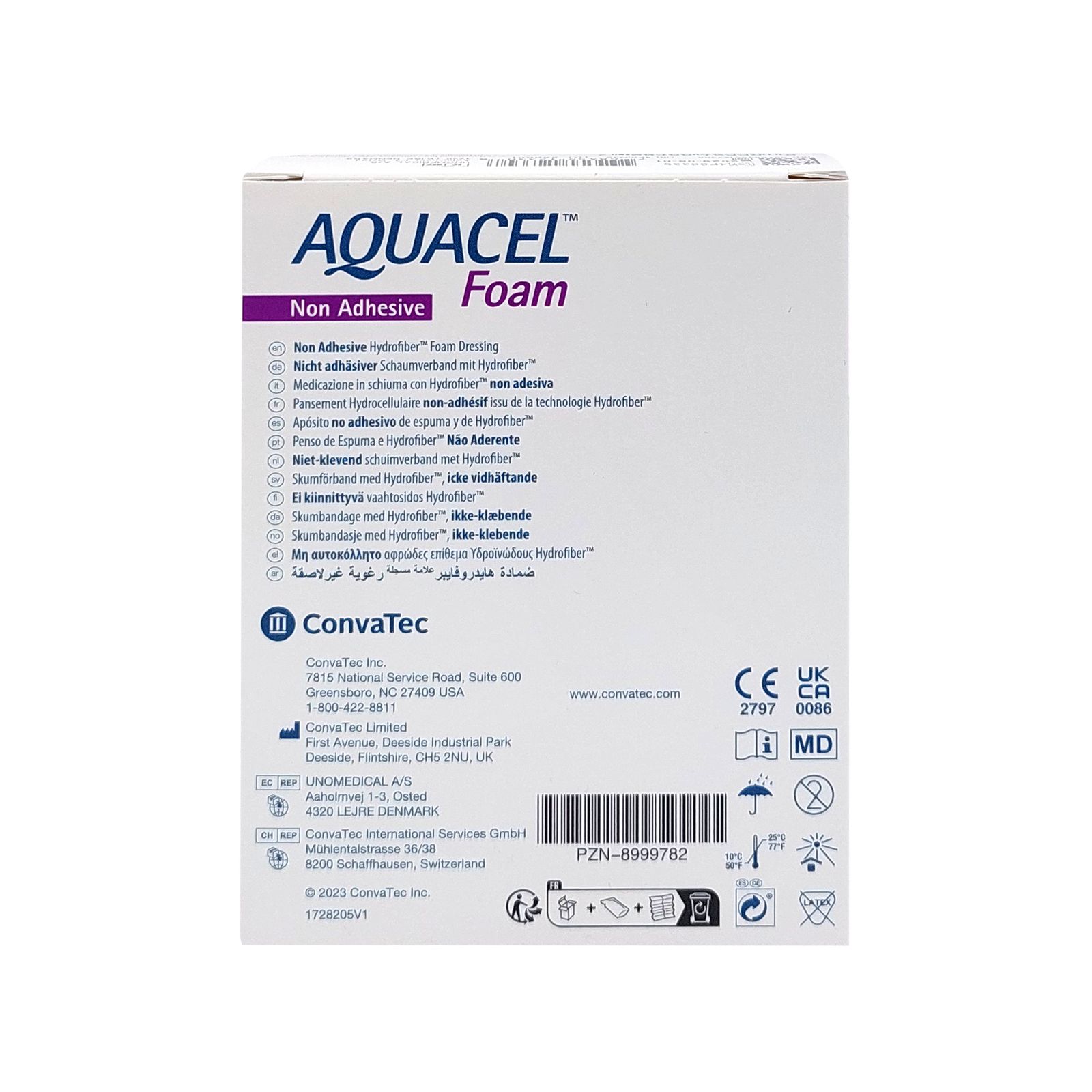 Retro della confezione AQUACEL FOAM. Contiene testo, loghi e certificazioni. Informazioni del produttore.