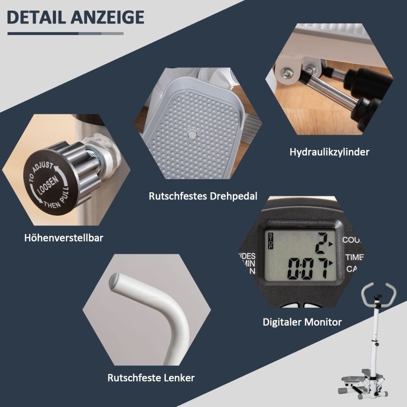 Vista dettagliata dello stepper. Manopola di regolazione dell'altezza, pedale rotante antiscivolo, monitor digitale. Manubrio antiscivolo.