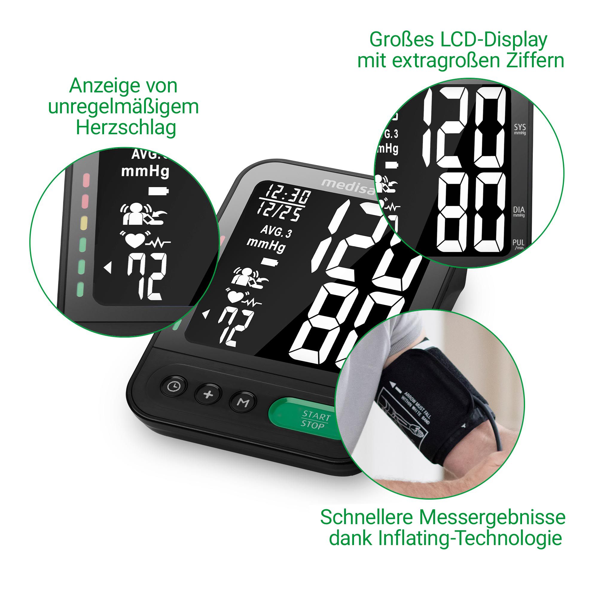 Misuratore di pressione da braccio medisana con ampio display LCD, visualizzazione battito cardiaco e misurazioni.