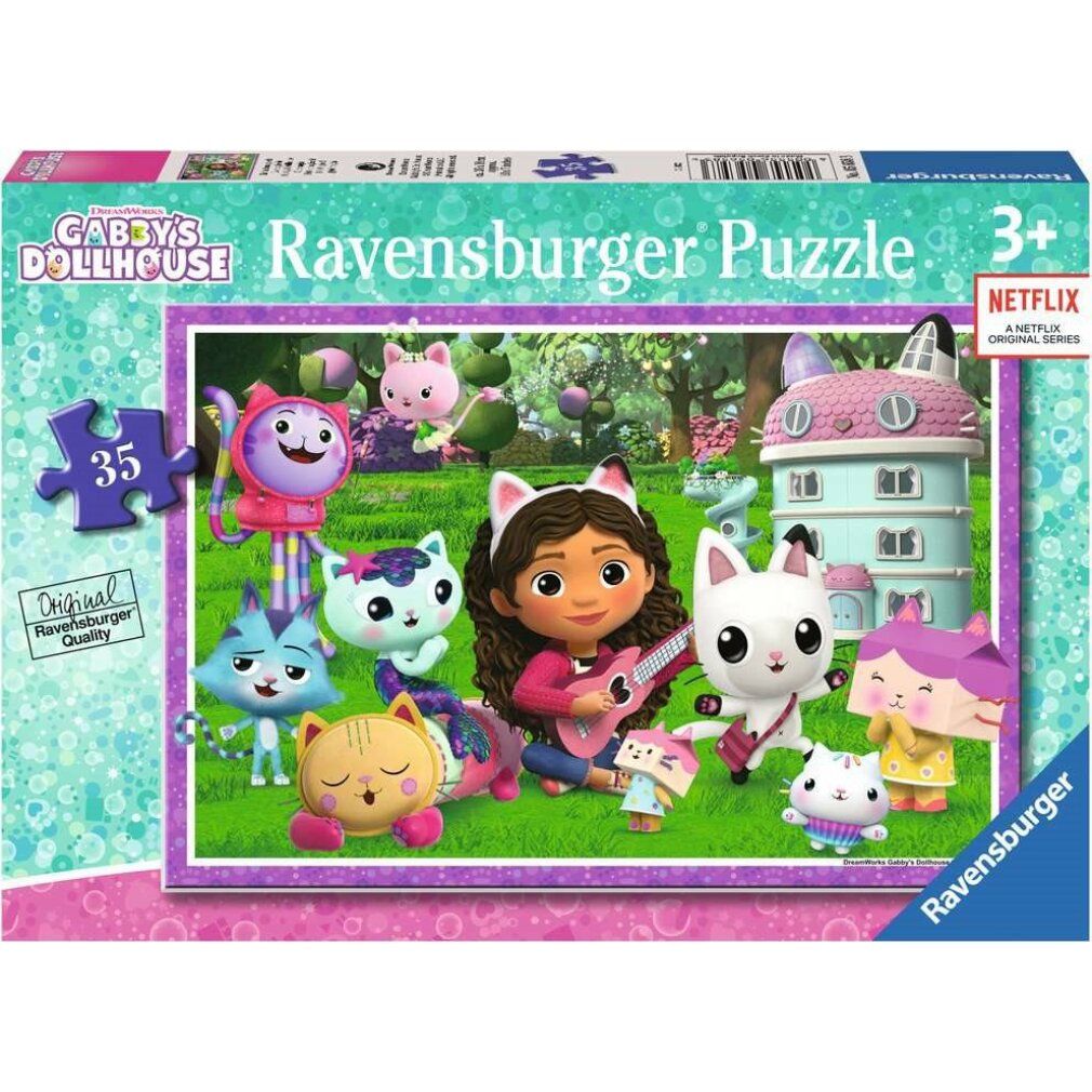 Scatola puzzle Gabby's Puppenhaus. 35 pezzi, Ravensburger. Logo Netflix. Immagine con Gabby e personaggi gatto.