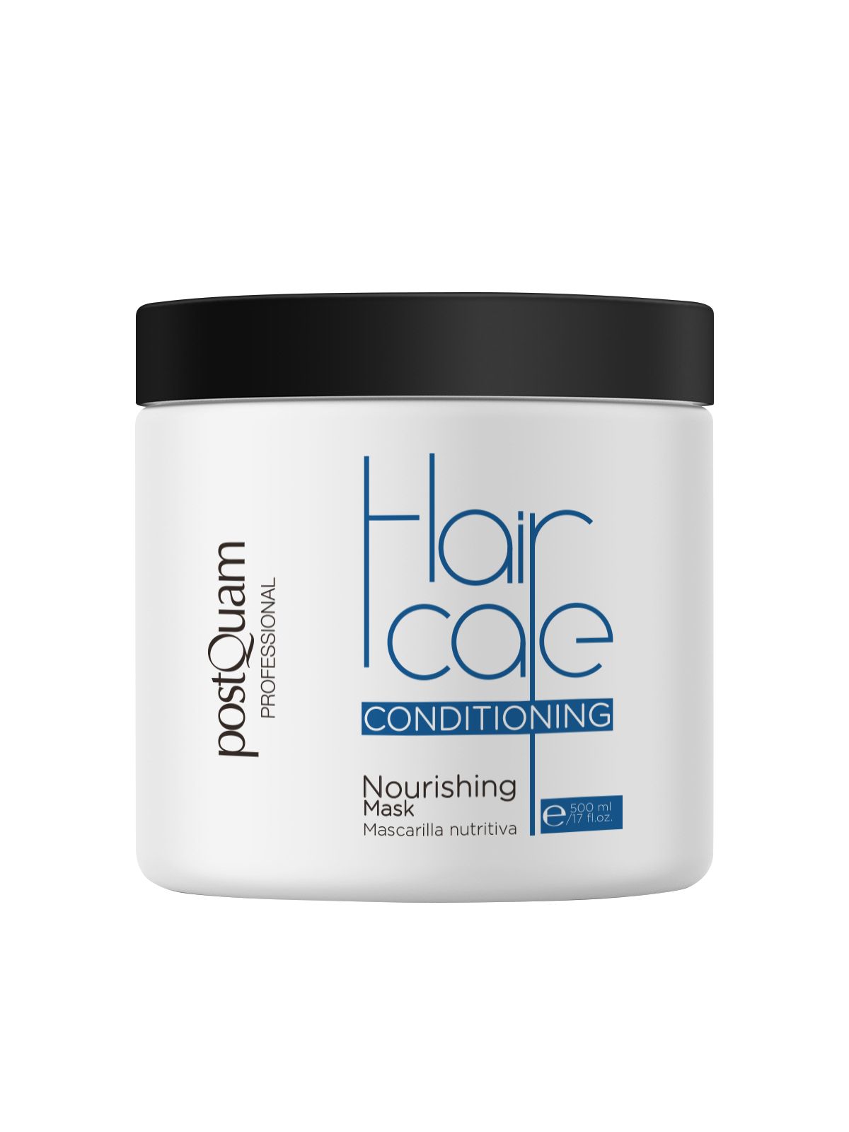 Vaso bianco con coperchio nero. Scritta: Hair Care Conditioning, Nourishing Mask. Marchio: Postquam.