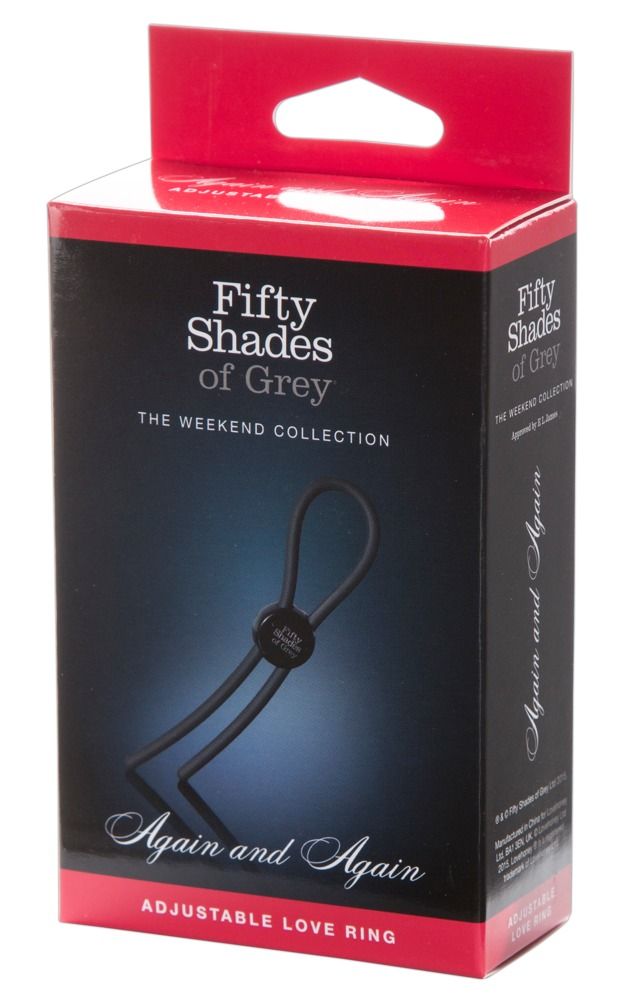 Anello fallico nero con parte centrale rotonda e logo Fifty Shades of Grey. Due fili scendono.