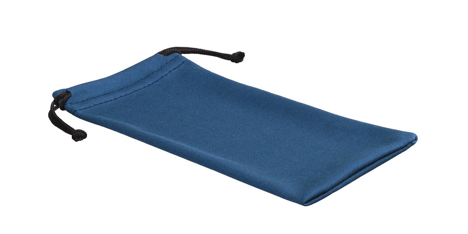 Custodia in microfibra blu con coulisse nera. Vista obliqua.