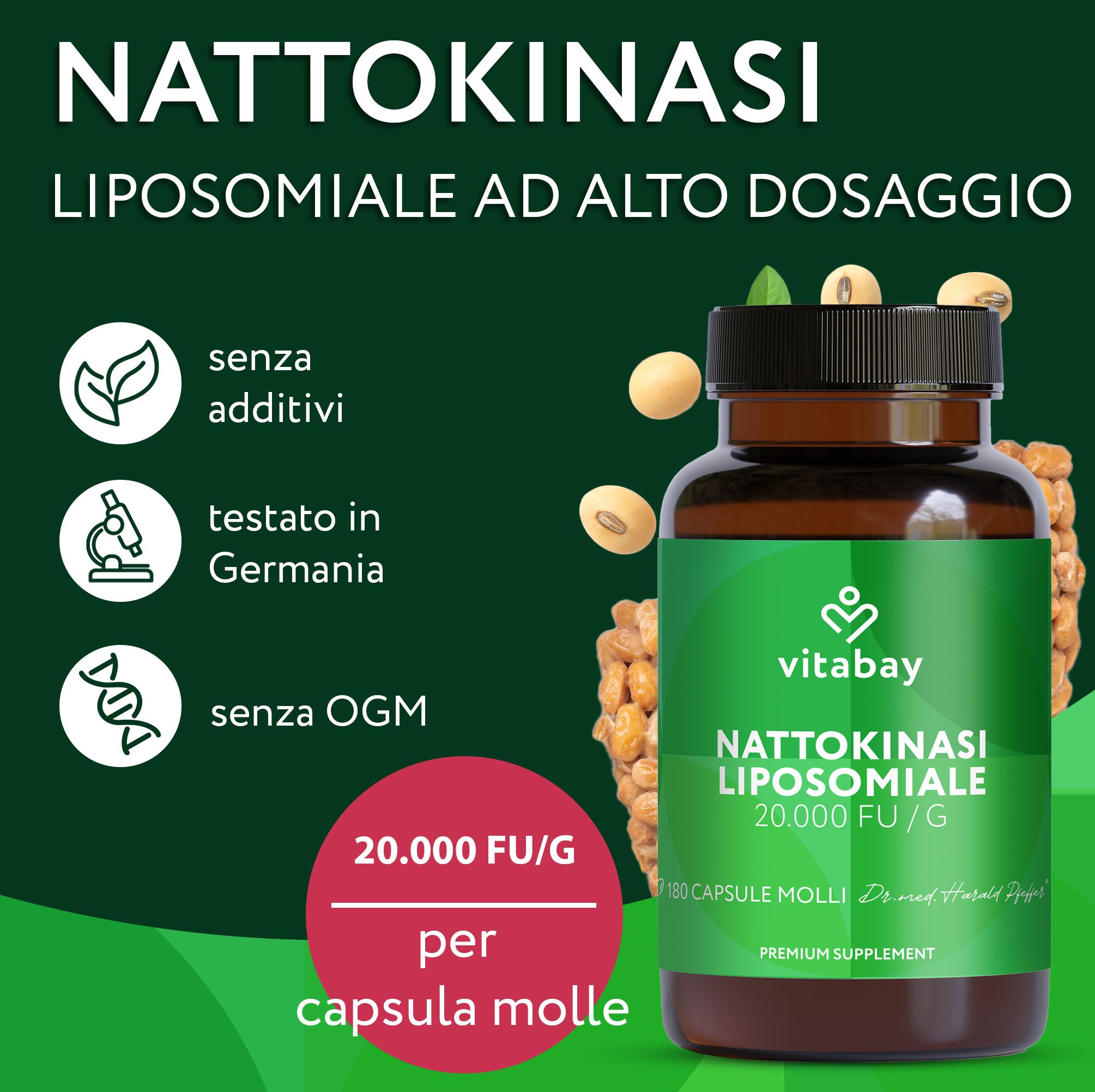 Flacone marrone con etichetta verde. Testo: Nattokinasi Liposomiale, 180 capsule, logo Vitabay.