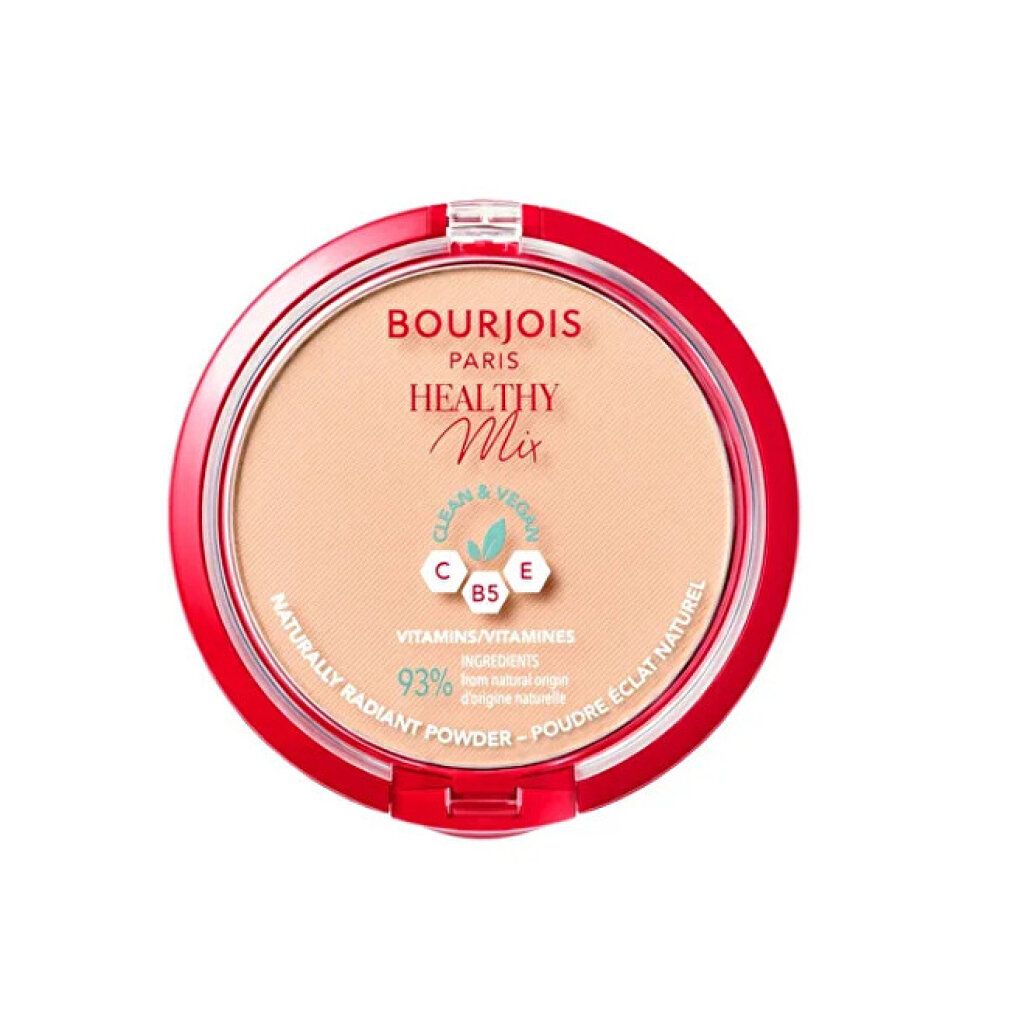 Contenitore rotondo rosso. Polvere beige. Scritta: Bourjois Healthy Mix, Clean & Vegan, 93% ingredienti naturali.