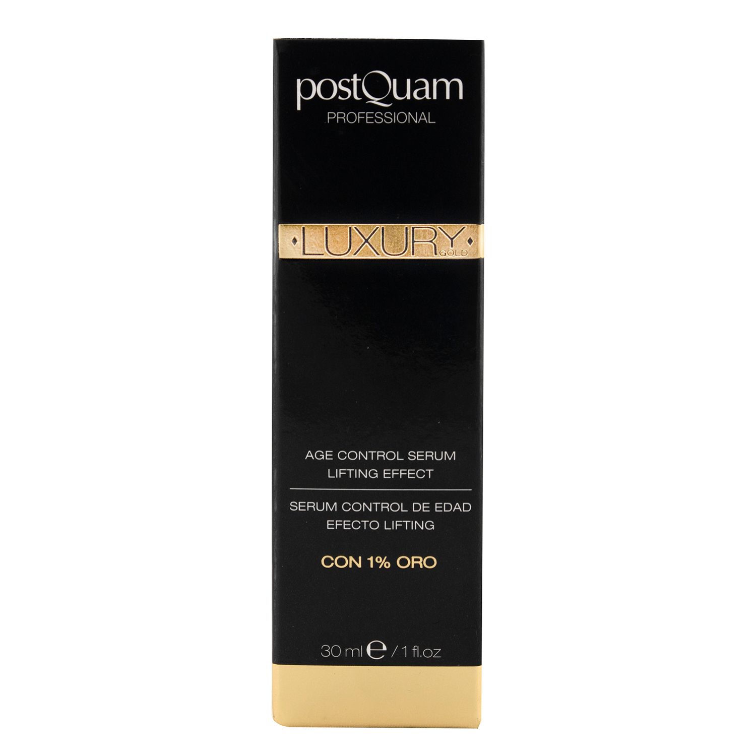 Confezione nera con dettagli dorati. Scritte: Postquam, Luxury, Age Control Serum, con 1% oro, 30ml.
