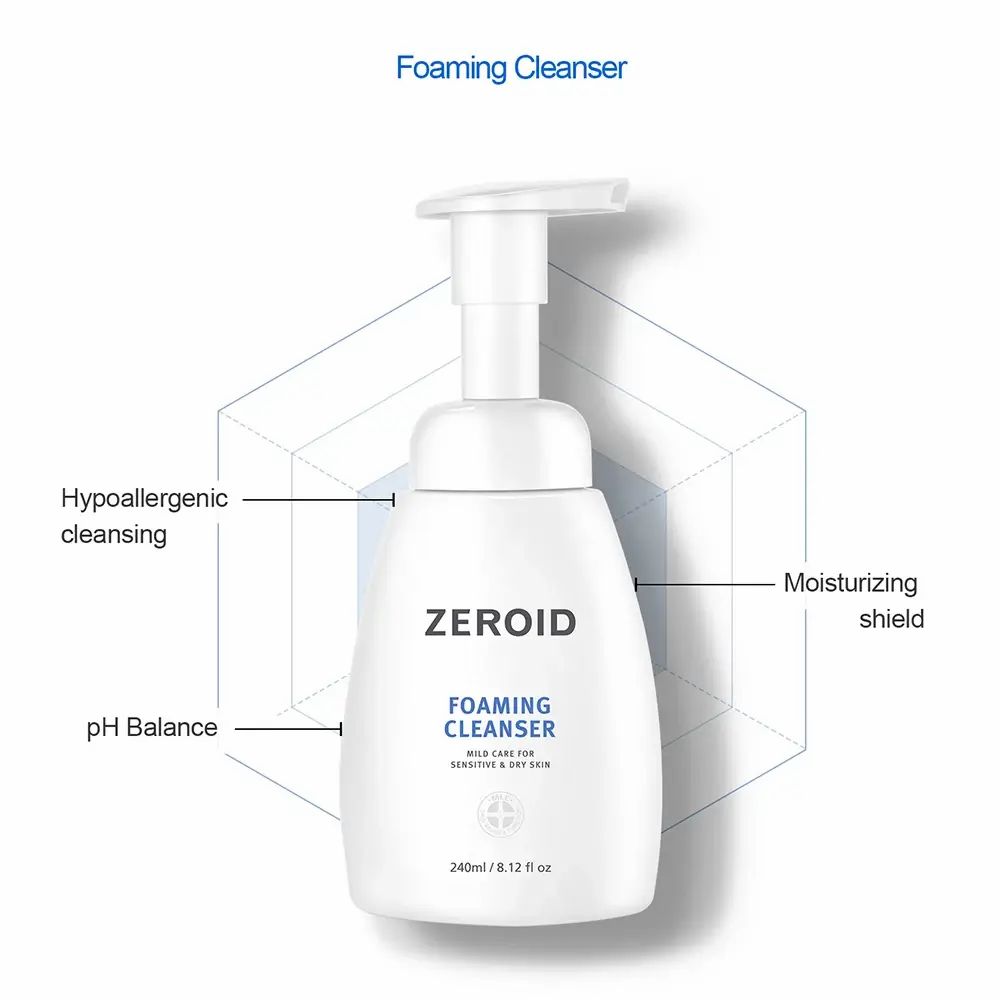 Flacone bianco ZEROID Foaming Cleanser con testo: Foaming Cleanser, mild care for sensitive & dry skin. 240ml/8.12 fl oz. Diagramma con frecce.