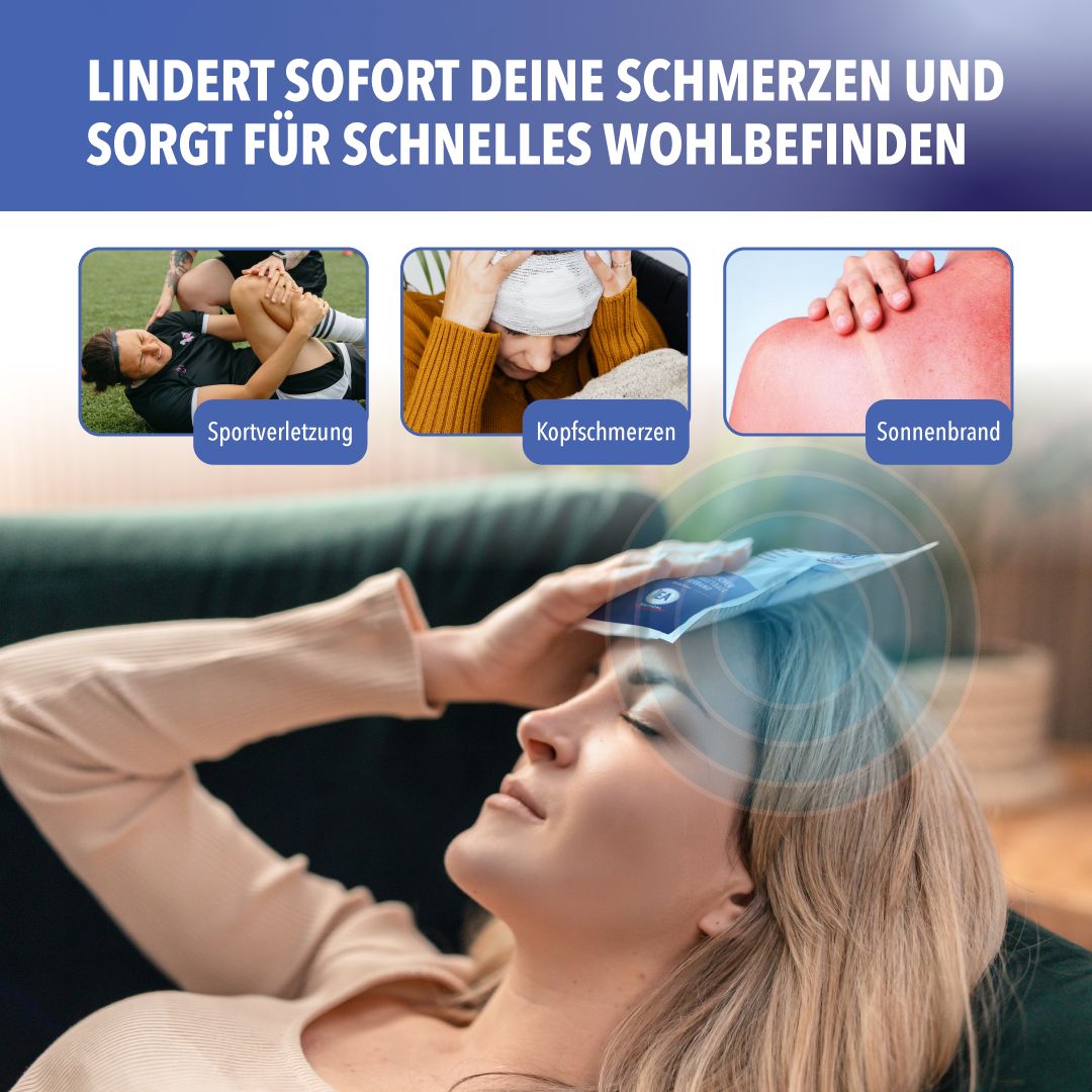 Donna con impacco freddo sulla fronte. Testo: Allevia immediatamente il dolore. Immagini: lesioni sportive, mal di testa, scottature solari.