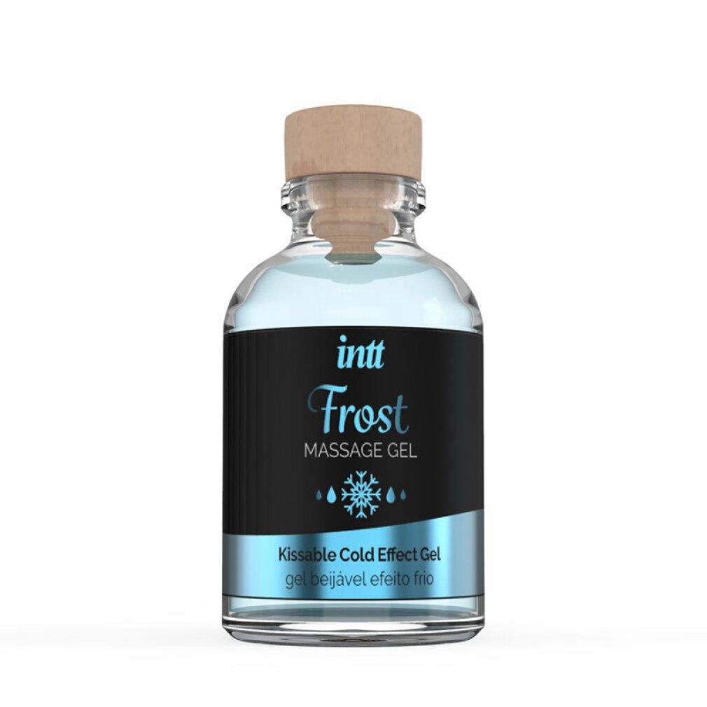 Flacone in vetro con etichetta blu. "intt Frost Massage Gel". Tappo in legno. Kissable Cold Effect Gel.