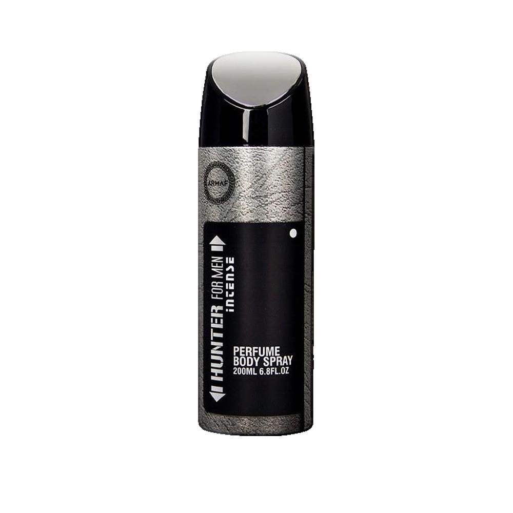Flacone spray corpo. Argento, tappo nero. Testo: "Armaf Hunter for Men Intense".