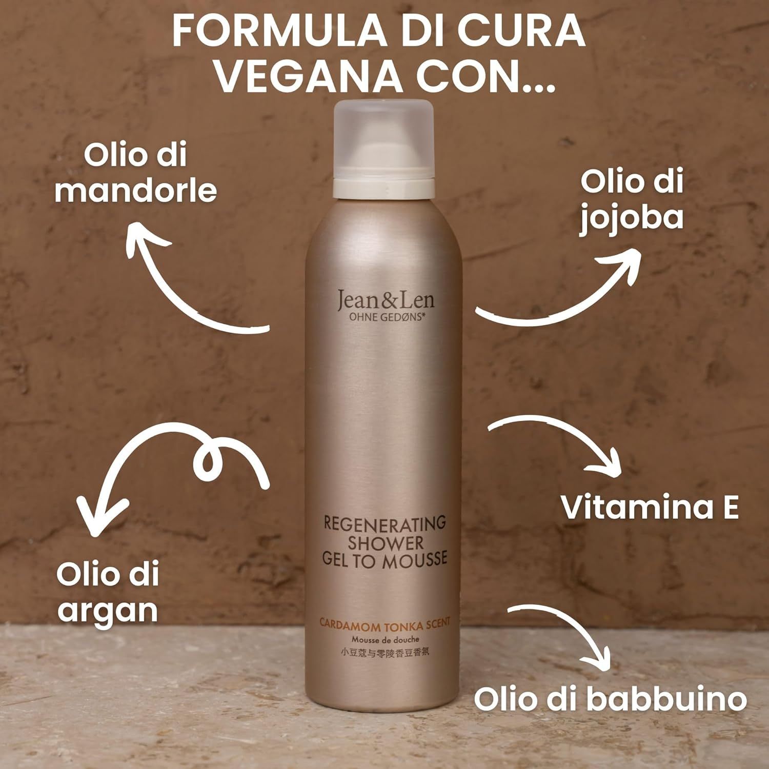 Flacone beige con tappo bianco. Frecce verso oli e vitamina E. Testo: Jean & Len, Regenerating Shower Gel To Mousse.
