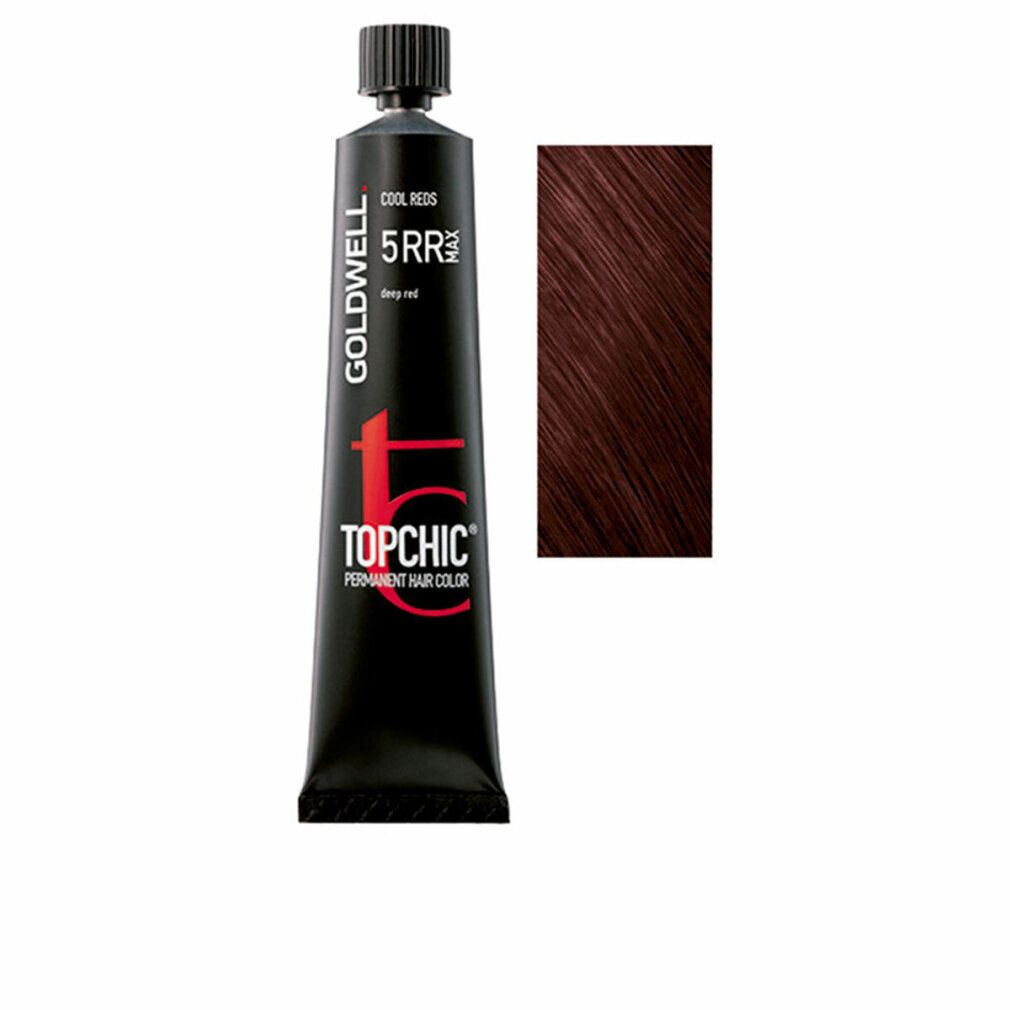 Colorazione per capelli Goldwell Topchic 5RR Tiefrot. Tubo nero, campione di colore a destra. Testo: Cool Reds, 5RR, Deep Red.
