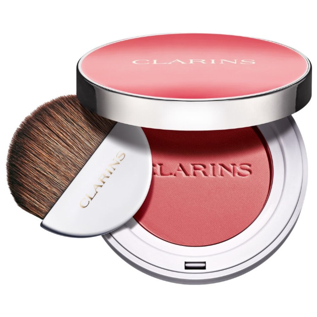 Contenitore di blush rotondo aperto con pennello. Polvere rosa, coperchio argentato, contenitore bianco. Pennello con logo Clarins.