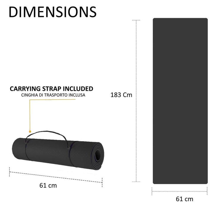 Tappetino yoga nero, arrotolato con tracolla. Dimensioni: 183 cm x 61 cm. Testo: 'Tracolla inclusa' in italiano.