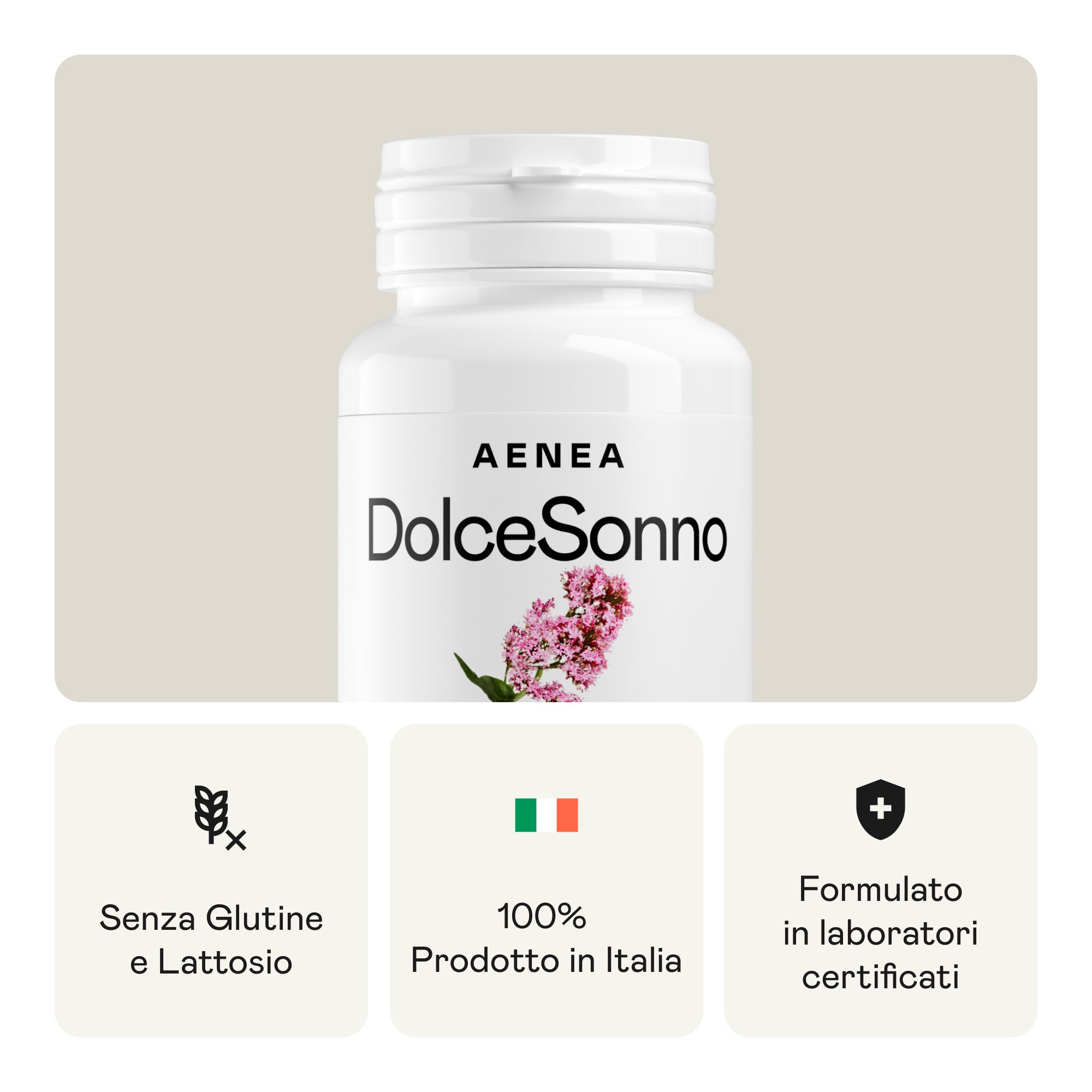 Flacone bianco di capsule. Scritta: Aenea, Dolcesonno. Testo: Senza glutine, 100% prodotto in Italia, Formulato in laboratori certificati.