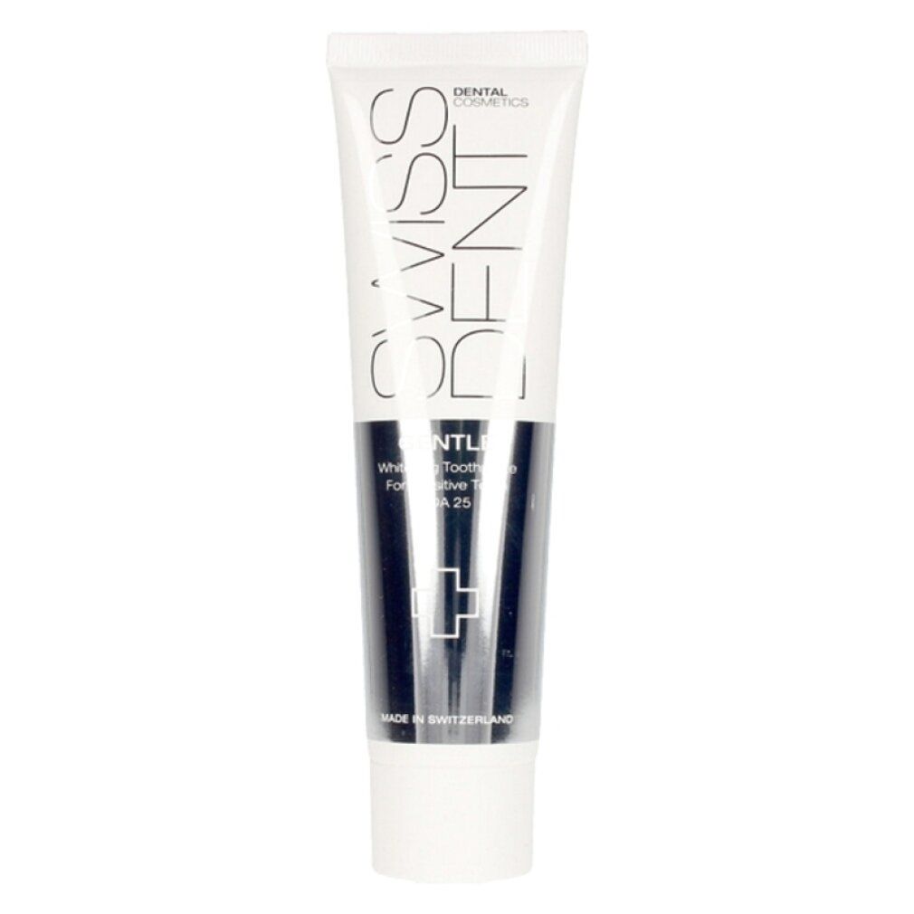 Tubo di dentifricio bianco e grigio scuro. Testo: Swissdent, Gentle Whitening Toothpaste, simbolo croce.