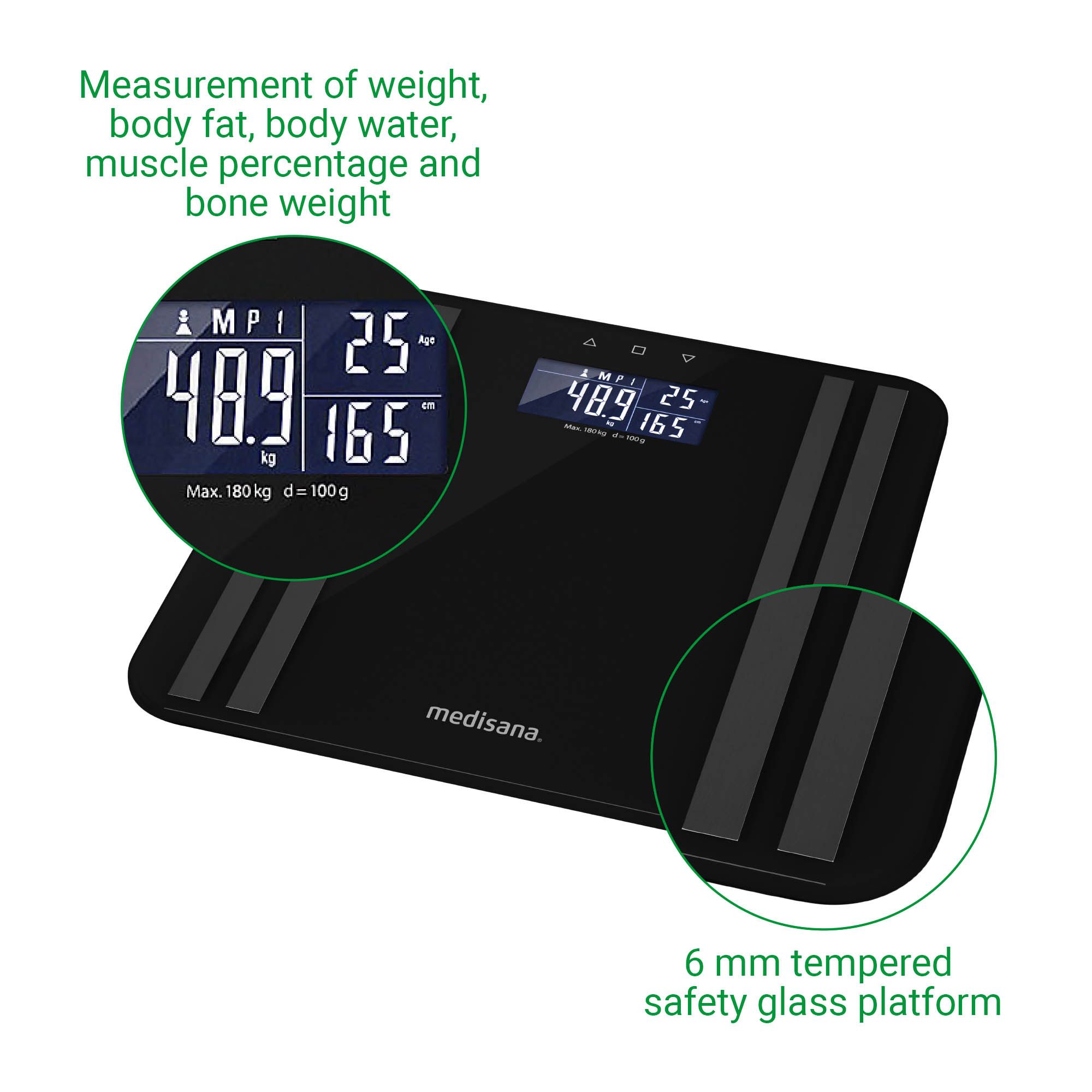 Bilancia per analisi corporea nera con display digitale. Misura peso, grasso corporeo, acqua, percentuale muscolare e peso osseo. Marchio: medisana.