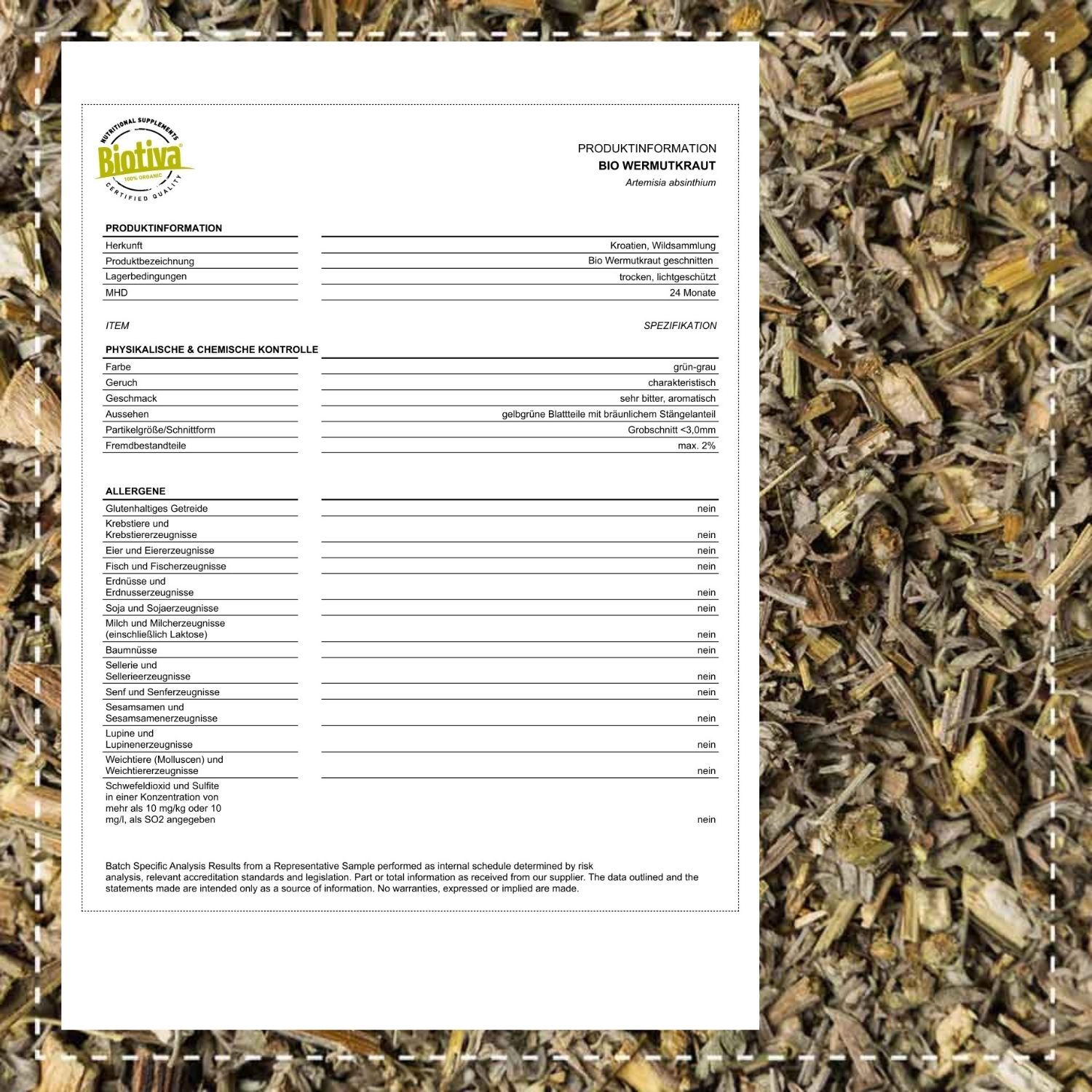 Informazioni sul prodotto su sfondo bianco. Testo: Biotiva, Assenzio bio, ingredienti, allergeni, controlli fisici e chimici.