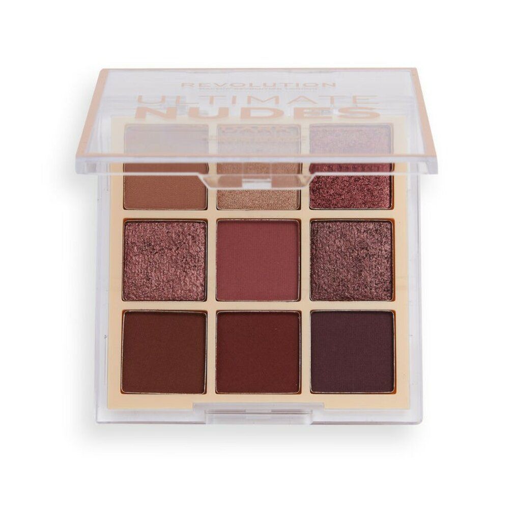 Palette ombretti con nove tonalità. Coperchio trasparente. Scritta: ULTIMATE NUDES. Tonalità: rosa, marrone, marrone scuro. Confezione quadrata.