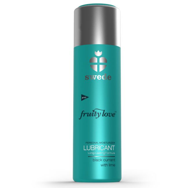 Flacone turchese con tappo argentato, lubrificante Swede Fruity Love, ribes nero e lime.