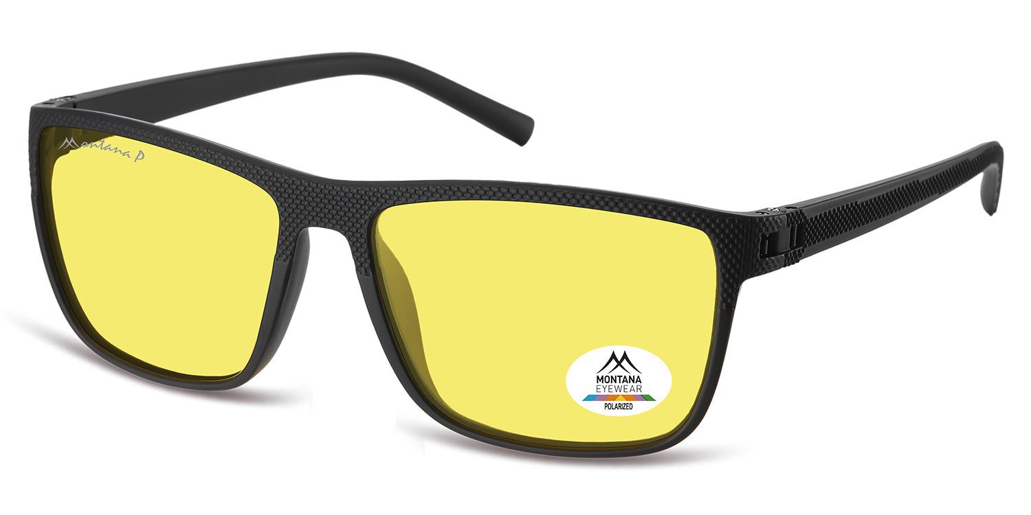 Occhiali neri con lenti gialle. Logo Montana Eyewear sulla montatura. Adesivo polarizzato sulla lente destra.