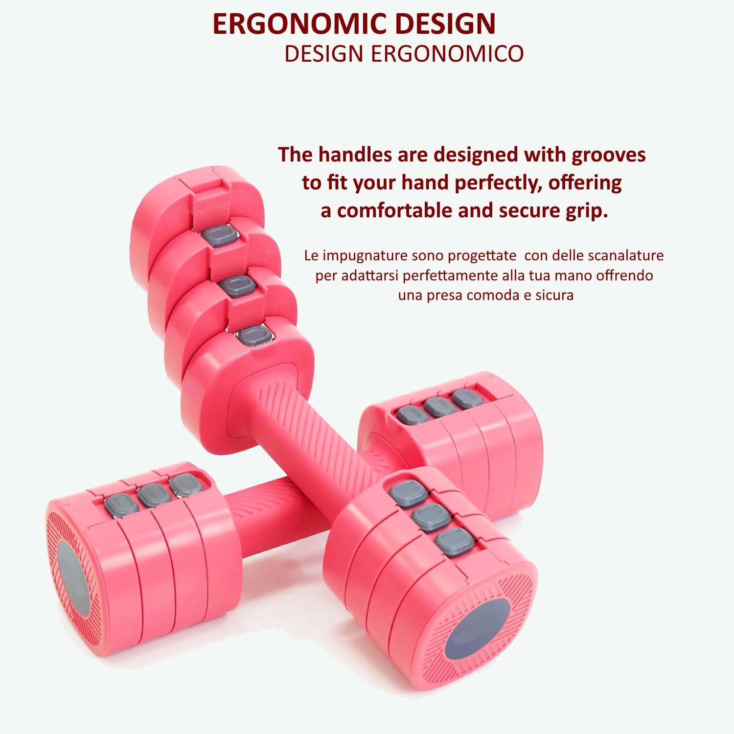 Due manubri rosa. Testo: 'Ergonomic design'. Impugnatura con scanalature per una presa sicura. Pulsanti grigi per la regolazione del peso.