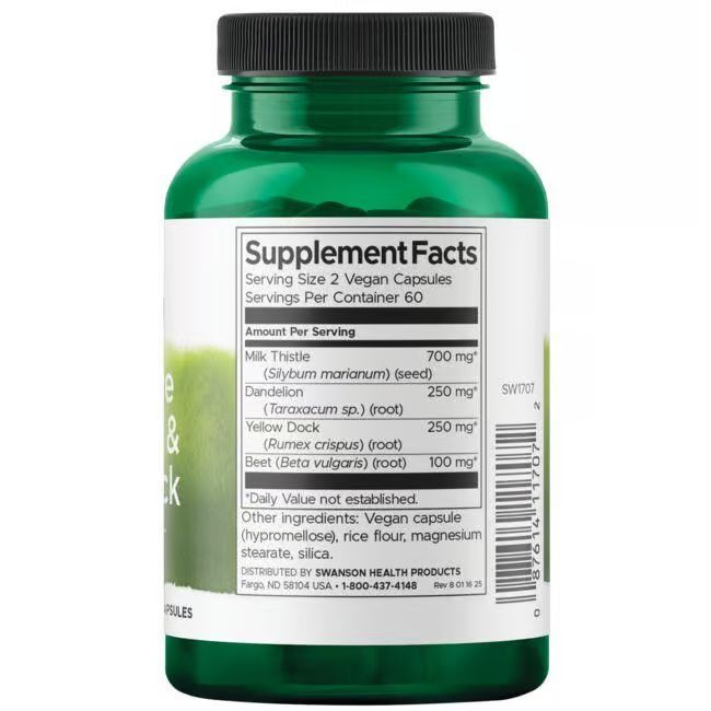 Retro del flacone verde. Scritta: Supplement Facts. Contiene cardo mariano, tarassaco, romice giallo e barbabietola.