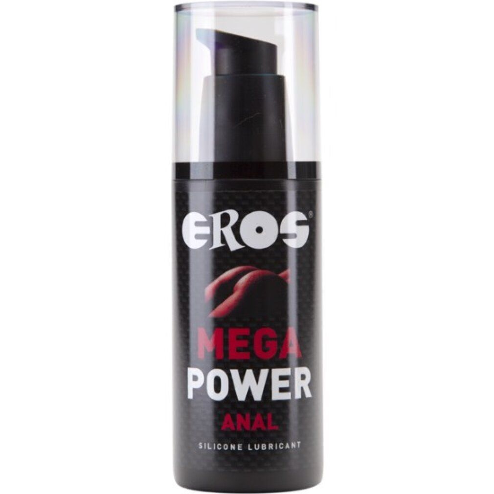 Flacone nero con pompa. Scritta: EROS, MEGA POWER ANAL, SILICONE LUBRICANT. Parte superiore trasparente.