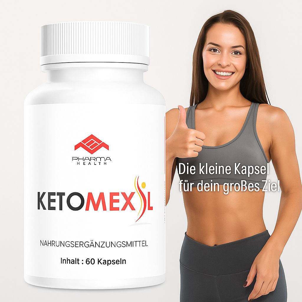 Flacone bianco con capsule e donna con pollice in su. Scritta: Pharma Health, Ketomexil, integratore alimentare, contenuto: 60 capsule.