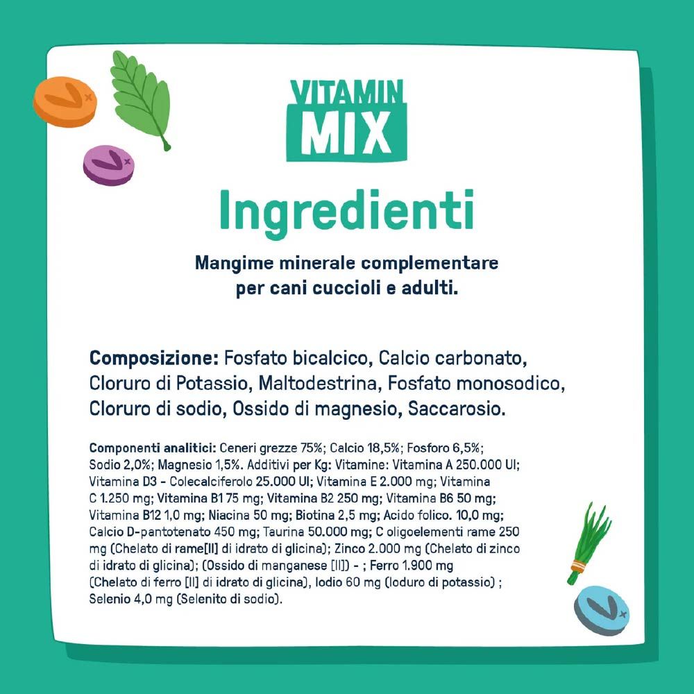 Lista ingredienti per Vitamin Mix. Contiene minerali e vitamine. Testo in italiano. Con illustrazioni di verdure.