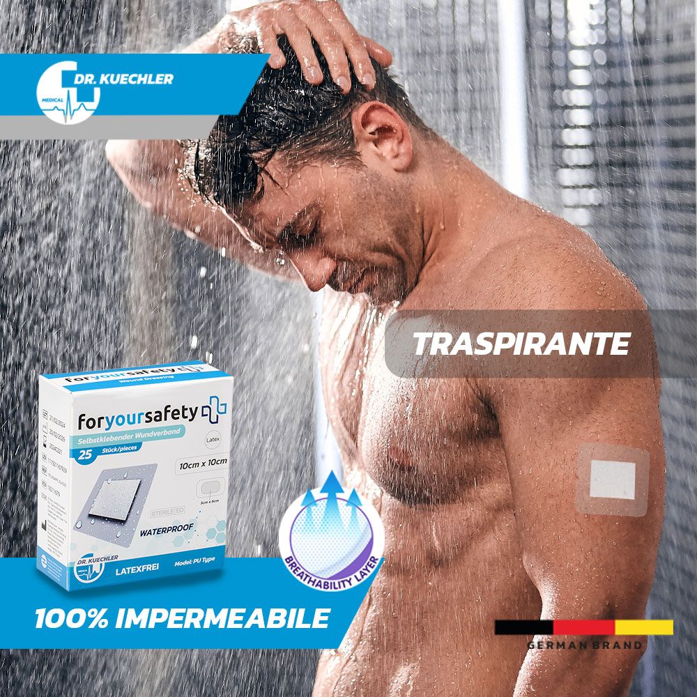 Uomo sotto la doccia con cerotto sul braccio. Traspirante, impermeabile. Confezione cerotti.