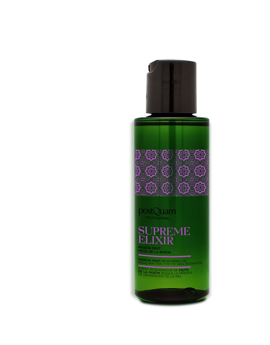 Flacone verde con tappo nero ed etichetta viola. Testo: Supreme Elixir, Passion Fruit. Nome del prodotto e marchio visibili.