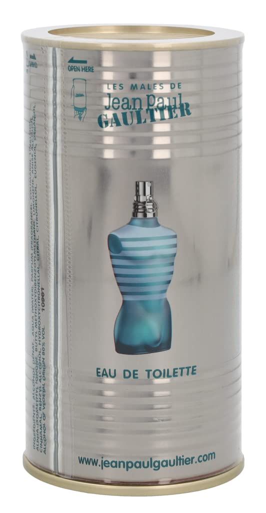 Latta d'argento con immagine di un flacone turchese. Scritta: Jean Paul Gaultier, Eau de Toilette.