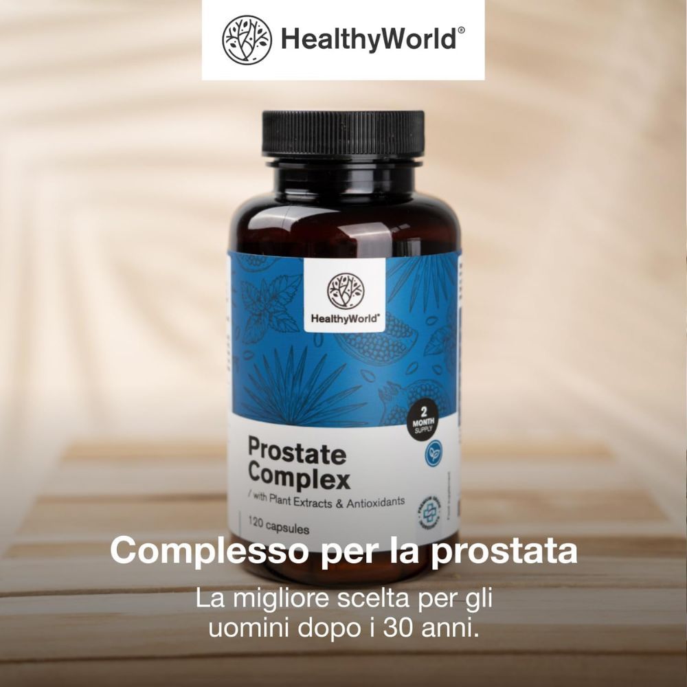 Flacone con capsule. Scritta: Prostate Complex. 120 capsule. Marchio: HealthyWorld. Testo: Compresso per la prostata.
