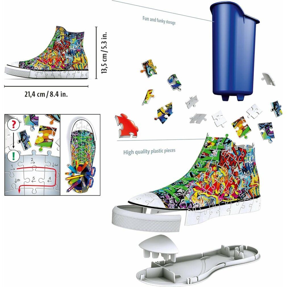 Puzzle Sneaker Graffiti con pezzi. Contiene 108 pezzi, accessori. Supporto blu. Dimensioni: 21,4 cm x 8,4 in. 13,5 cm di altezza.