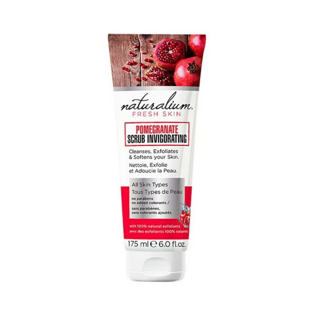 Tubo di Naturalium Pomegranate Facial Scrub. Nome del prodotto e ingredienti stampati. Immagine di melograni.