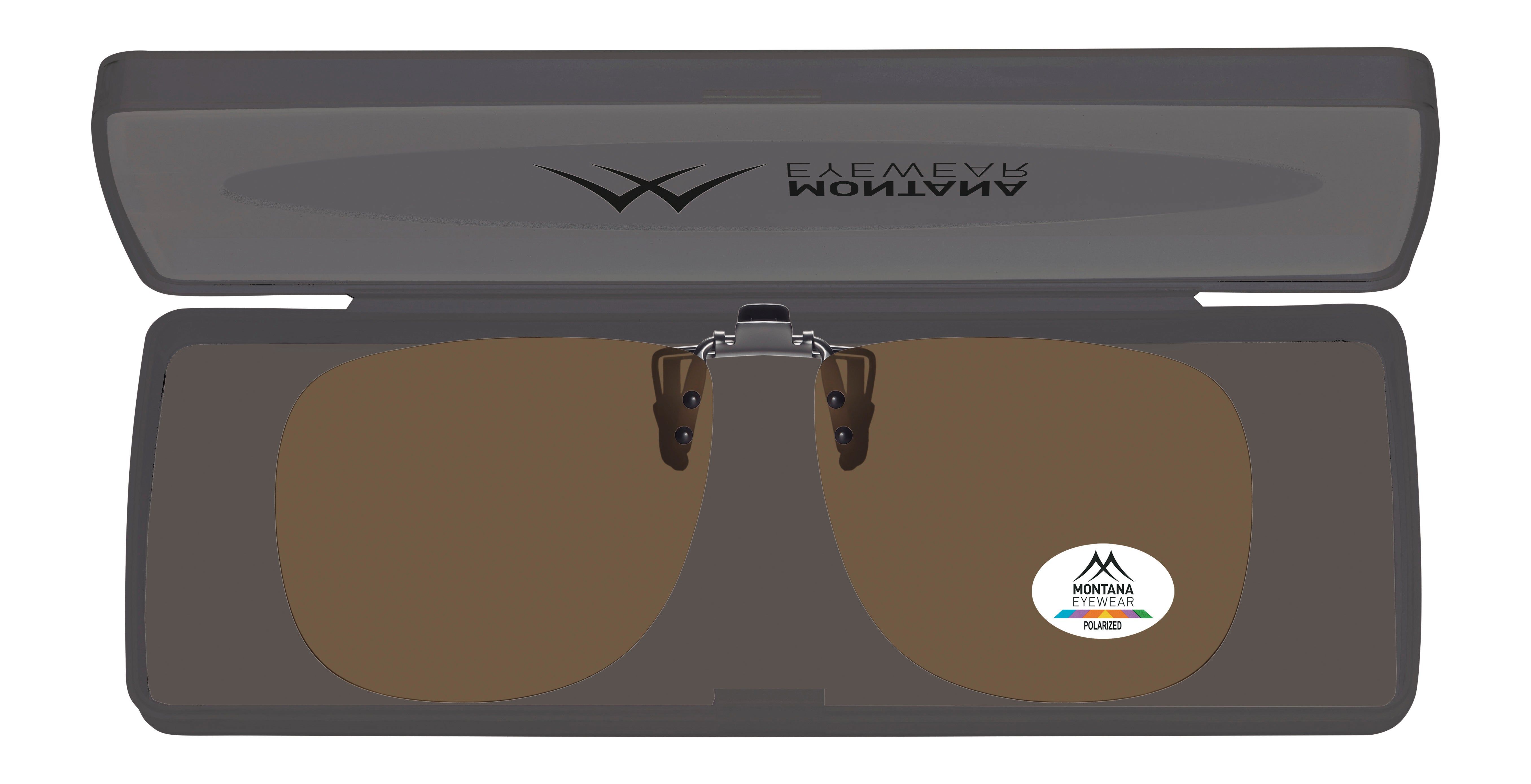 Occhiali da sole clip-on in una custodia. Logo "MONTANA EYEWEAR POLARIZED".