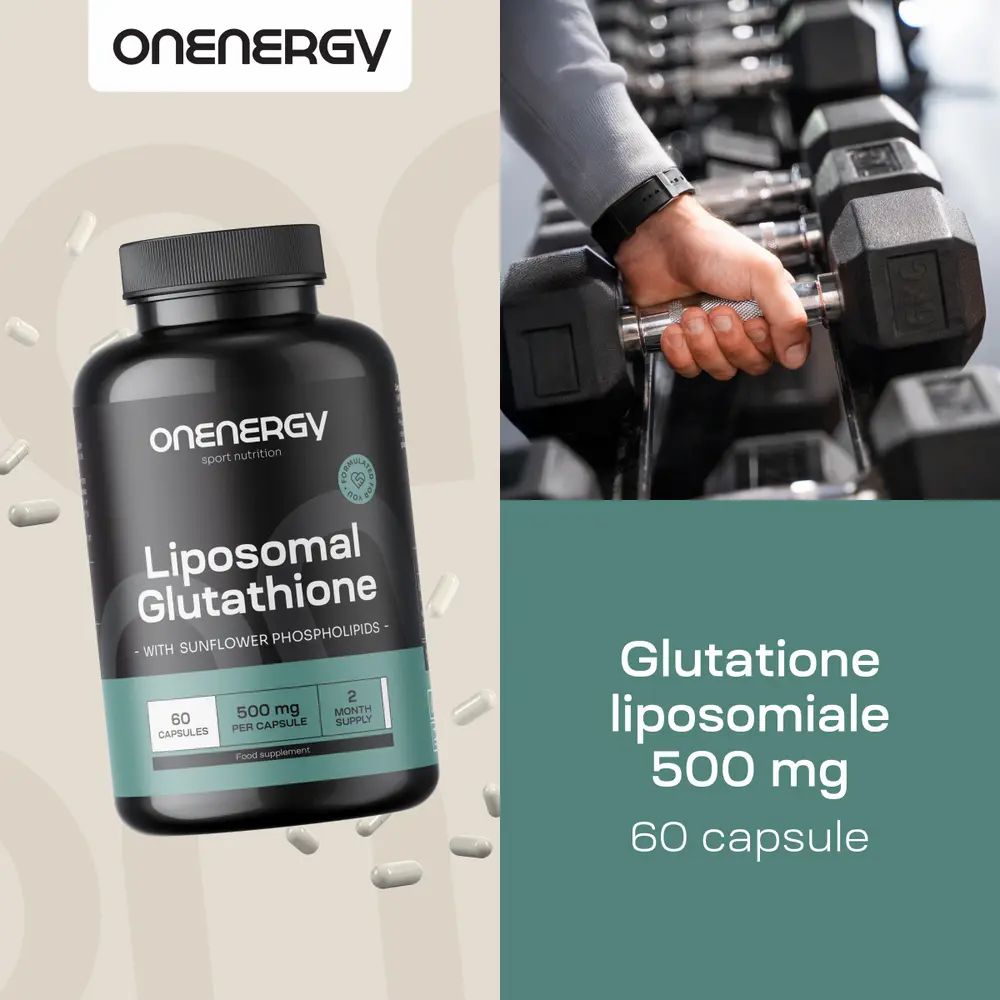 Flacone con capsule. Testo: Glutatione liposomiale 500 mg, 60 capsule. Uomo con manubri.