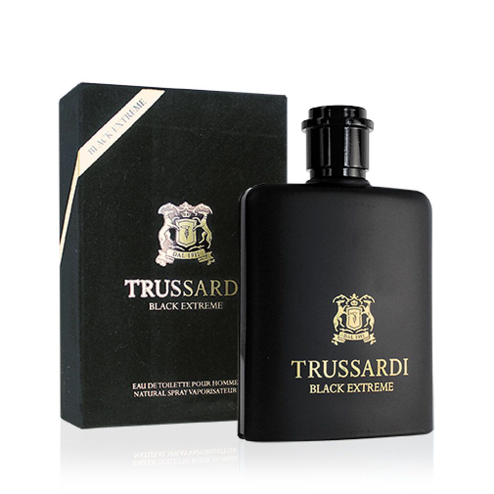 Flacone e scatola neri Trussardi Black Extreme. Scritta e logo dorati. Flacone con tappo.