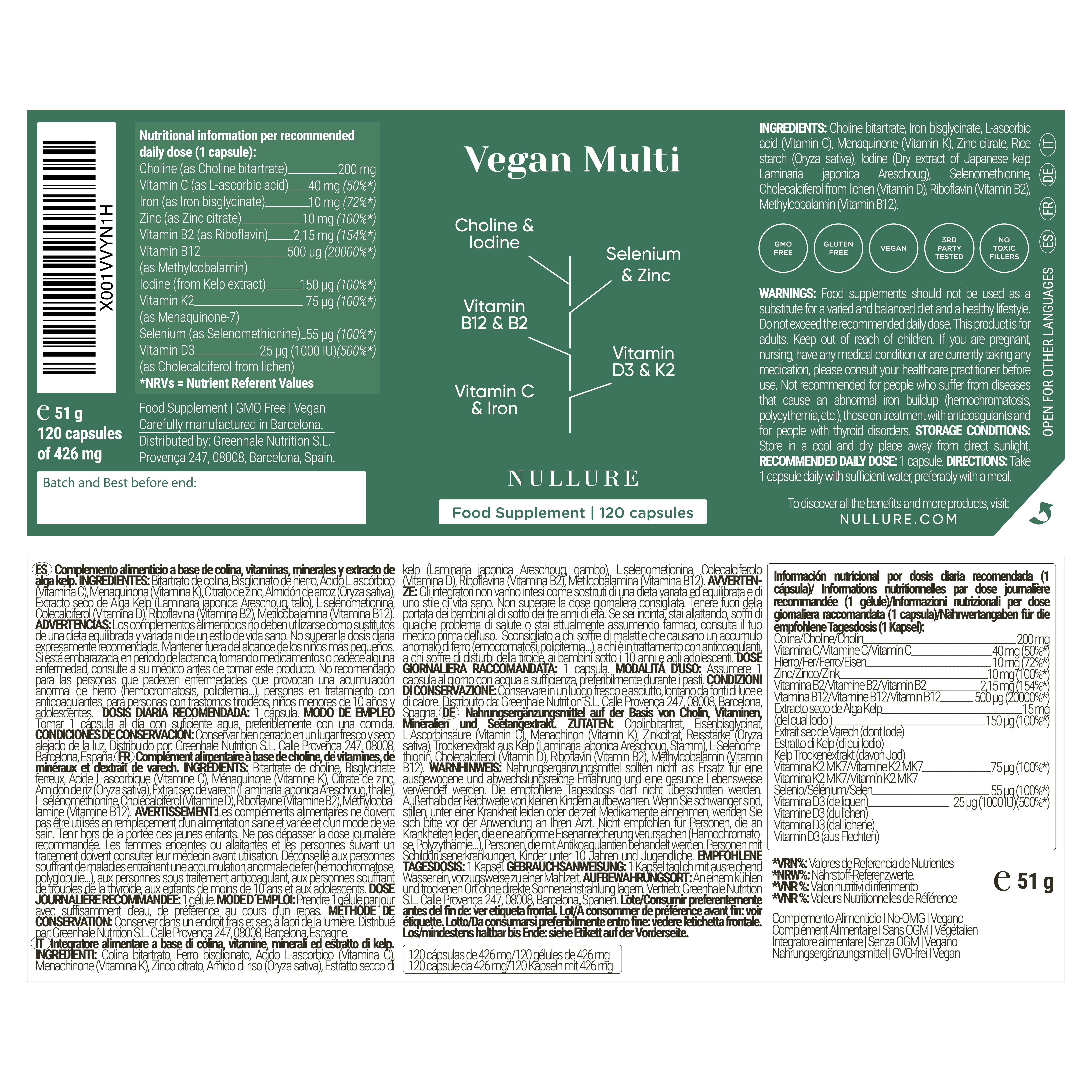 Etichetta con informazioni su "Vegan Multi". Contiene informazioni nutrizionali, ingredienti, avvertenze e istruzioni per l'uso.