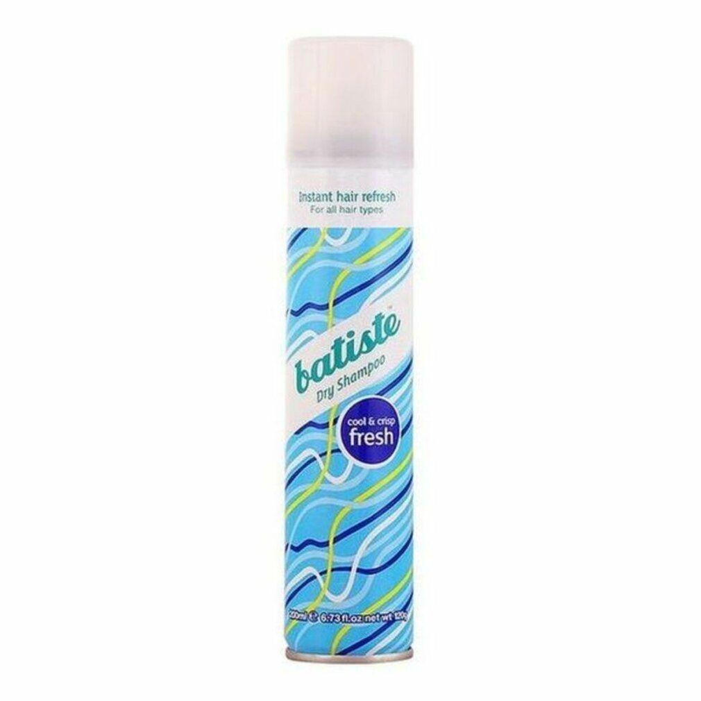 Shampoo secco Batiste, azzurro, con linee ondulate e scritte. Visibili "Fresh" e "cool & crisp".