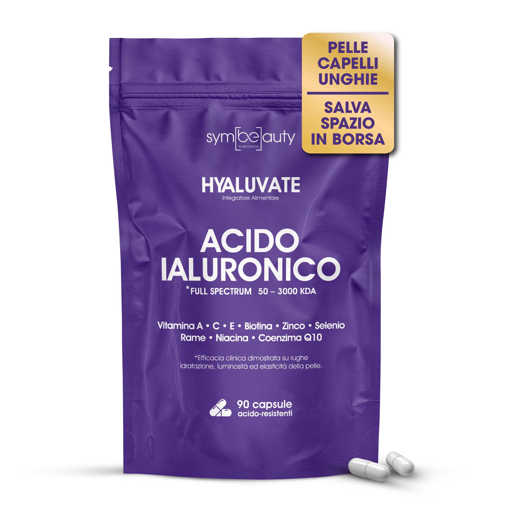 SYMBEAUTY® Acido Ialuronico Clinico 90 cps gastroprotette con Biotina, Zinco, Vit C e Minerali