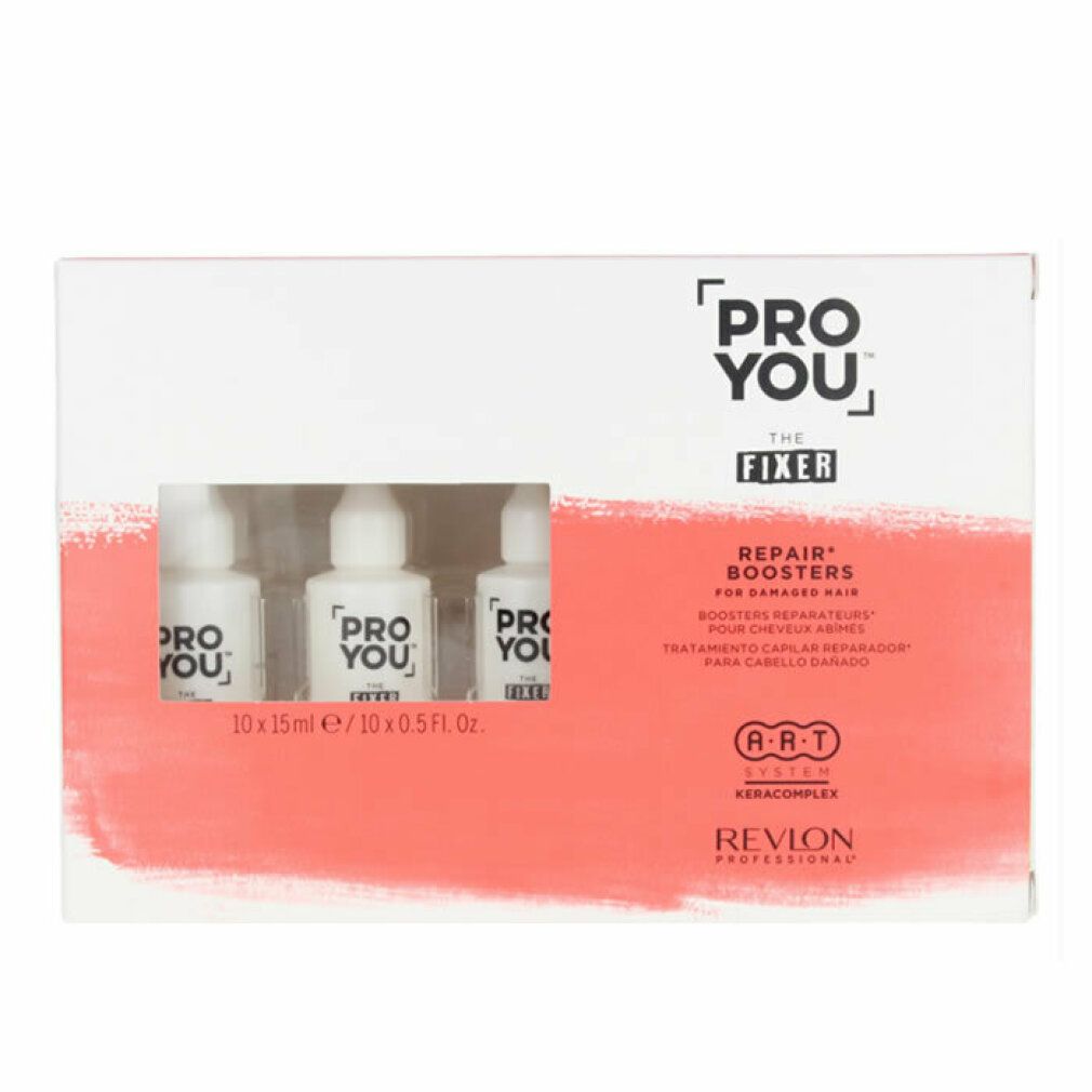Confezione Revlon Proyou The Fixer Booster con tre flaconi. Scritta: Repair Boosters for damaged hair.