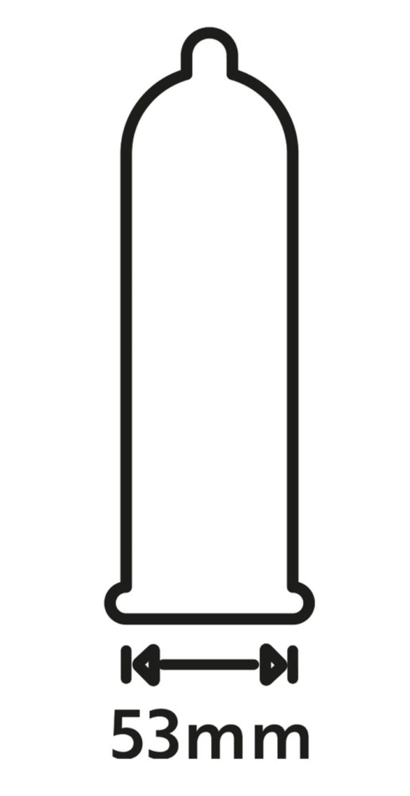 Illustrazione in bianco e nero di un preservativo. Sotto, frecce e indicazione 53mm.